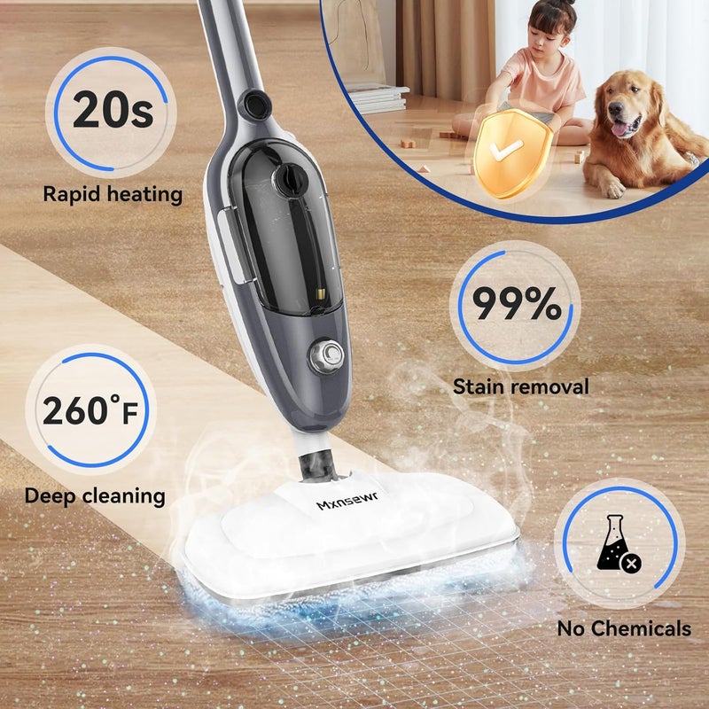 Mxnsewr Steam Mop - All-in-one Powerful Handheld Steam Cleaner Detachable Floor Steamer with 11 Accessories, MultiPurpose Steamer for Hardwood Floors, Clothes,Windows,Tiles,Carpet, Whole Home Use,Grey - Image 4